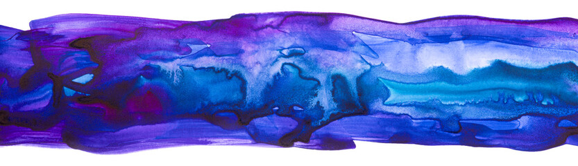 deep blue purple watercolor strip for design stain with paper texture and brush strokes on white background isolated