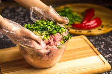 Hands mix raw minced pork in a glass bowl