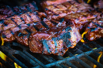 Boneless beef ribs grilling over flames with added barbecue sauce. Extreme shallow depth of field...