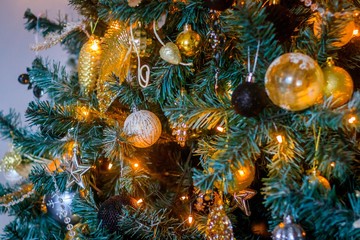 Obraz na płótnie Canvas Toys on the Christmas tree. Dressed up Christmas tree. New Year's decorations.