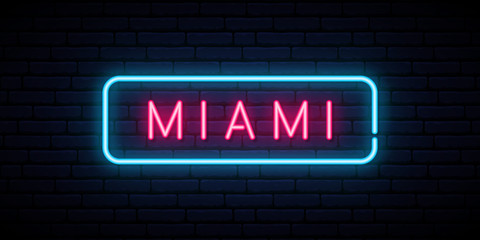 Fototapeta na wymiar Miami neon sign. Bright light signboard. Vector banner.