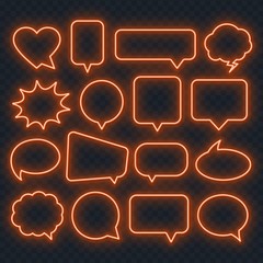 Neon orange speech bubble frame on a transparent background. Bright light frames for quotes and text. Vector.