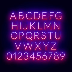 Neon red blue gradient font. Set of letters and numbers on black background.