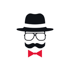 Hipster in hat, glasses and red bow tie. Portrait of man with mustache. Vector illustration.