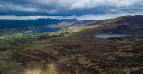 Aerial view of lakes and mountian landscape of Killarney national park in county Kerry, Ireland