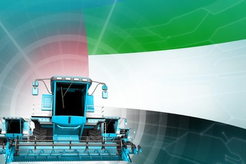 Farm machinery modernisation concept, blue modern rural combine harvesters on United Arab Emirates flag - digital industrial 3D illustration