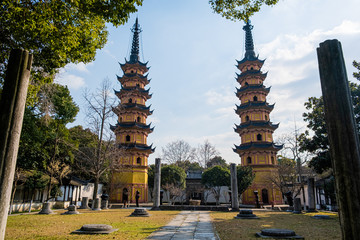 Twin pagodas with octogonal shape and seven levels located in China, Suzhou in the Dunghui temple.
