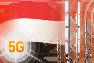 Yemen 5G industrial illustration, large cellular network mast or tower on hi-tech background with the flag - 3D Illustration