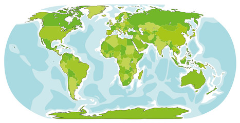 World map hand drawn illustration. Cartoon style. Green color
