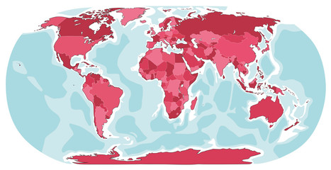 World map hand drawn illustration. Cartoon style. Red color