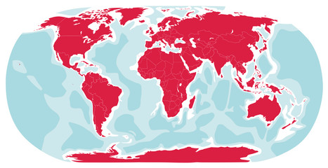 World map hand drawn illustration. Cartoon style. Red color
