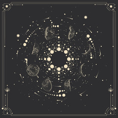 Vector illustration set of moon phases. Different stages of moonlight activity in vintage engraving style. Zodiac Signs © chikovnaya