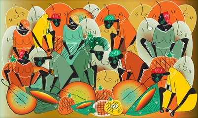 Ethnischer Vintage bunter Hintergrund mit afrikanischen Schwarzen mit Krügen und Früchten. Perfekt für Bildschirmhintergrund, Standorthintergrund, Geschenkpapier, Tapeten, Textil- und Oberflächendesign © Helen