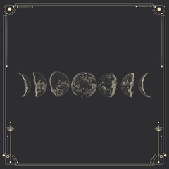 Vector illustration set of moon phases. Different stages of moonlight activity in vintage engraving style. Zodiac Signs