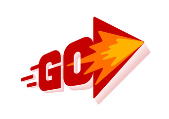 Word Go with arrow. Red vector lettering on white background
