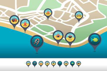 Obraz premium Summer camping pin map icon located on the map