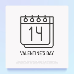Calendar with 14 February, Valentine's day. Thin line icon. Modern vector illustration.