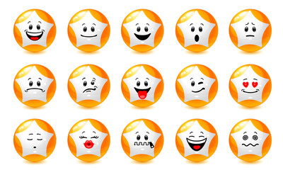 Vector set of star emoticons. Collection of yellow stars wearing Santa hat with different emotions in cartoon style on white background