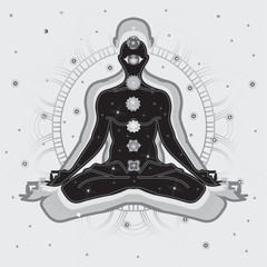 Meditating human in lotus pose in universe beside the stars. Yoga, esoterics; seven chakras and aura glow. Mandala background.