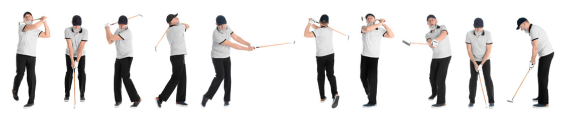 Collage of senior man playing golf on white background