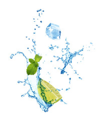 Slice of juicy lime, fresh mint and splashing cold water on white background