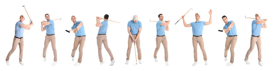 Collage of man playing golf on white background