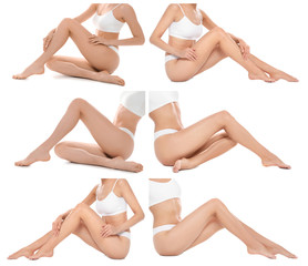 Collage of young woman with sexy slim body sitting on white background