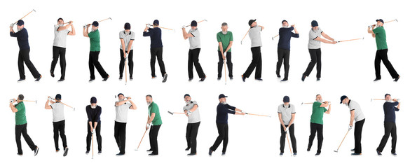 Collage of senior man playing golf on white background