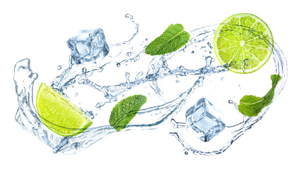 Slices of juicy lime, fresh mint and splashing cold water on white background