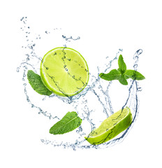 Fototapeta na wymiar Slices of juicy lime, fresh mint and splashing cold water on white background
