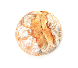 Loaf of fresh bread isolated on white, top view