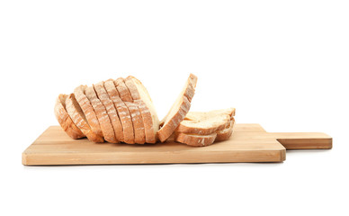 Board with sliced fresh bread isolated on white
