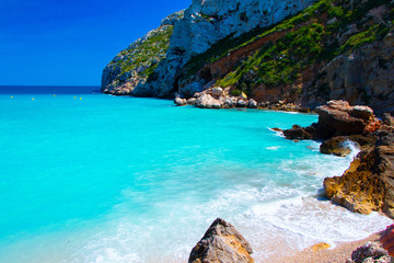 One beach in the paradise view to paradise from Spain in the Mediterranean sea with turquoise water