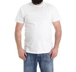 Obraz premium Overweight man isolated on white, closeup. Weight loss