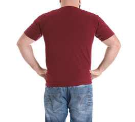 Overweight man isolated on white, closeup. Weight loss