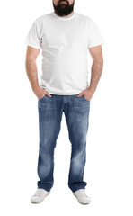 Obraz premium Overweight man isolated on white, closeup. Weight loss