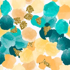 Tapeten Farbe, abstraktes, vielfältiges nahtloses Muster mit bunten Aquarell- und Goldglitterformen aus Vektor © irinabogomolova