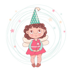 Cute little girl with a birthday hat on her head is holding a magic wand
