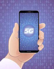 5G Mobile Network. Male human hand which is holding a smartphone showing 5G symbol on a screen and all of that is on background of binary code. Illustration on the theme of Communication Technology.