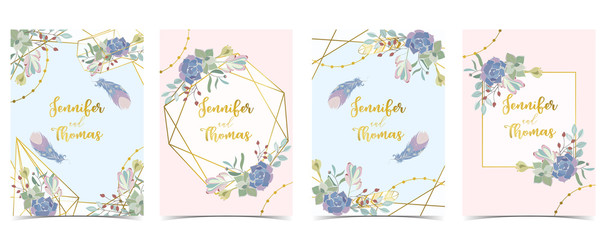 Geometry pink blue gold wedding invitation card with cactus,wreath,feather and frame