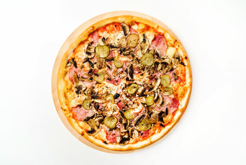 tasty pizza on the white, top view