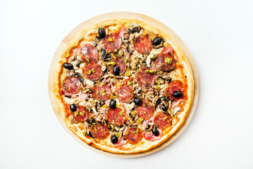 tasty pizza on the white, top view