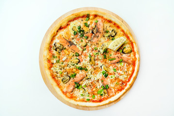 tasty pizza on the white, top view