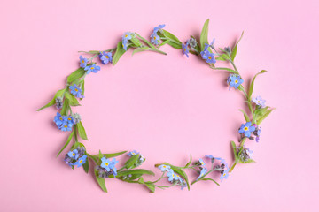 Frame made of amazing forget-me-not flowers on color background. Space for text