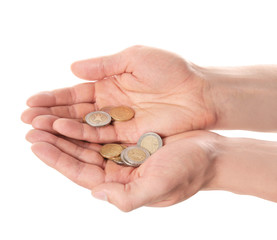 Man holding coins in hands on white background, closeup