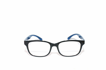 Black glasses, black frame in blue frame Shiny black for visually impaired people, isolated on a white background