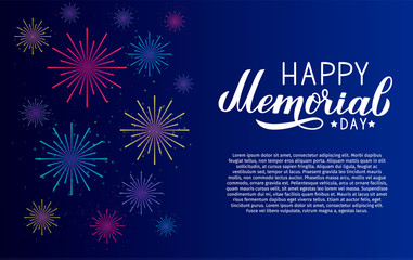 Happy Memorial Day calligraphy lettering. Fireworks on night sky background. American patriotic typography poster. Vector illustration. Easy to edit template for banner, greeting card, postcard, flyer