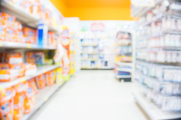 Blurred shelf row in super market view from cart