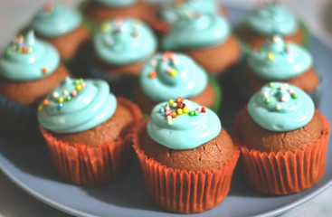 Cupcakes with cream and coloured confetti home made for children party