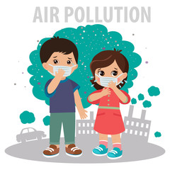 Air Pollution Vector Illustration. Air Pollution: Smog And Fog In The Large City. Young Kids Boy And Girl Wearing A Protective Face Mask Flat Editable Illustration. Smog In City.